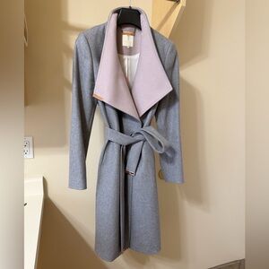 Ted Baker Wool Cashmere trench coat silver gray pink belted size UK2 US 6
